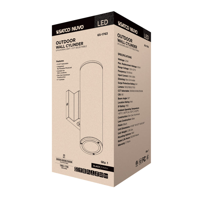 SATCO/NUVO 20W 2-Light Medium LED Wall Sconce CCT Selectable 3000K/4000K/5000K 90 CRI Non-Dimmable 120-277V Up And Down Installation Black (65-1763)