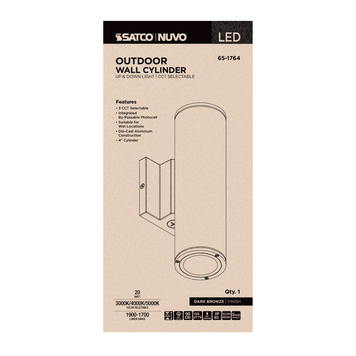 SATCO/NUVO 20W 2-Light Medium LED Wall Sconce CCT Selectable 3000K/4000K/5000K 90 CRI Non-Dimmable 120-277V Up And Down Installation Dark Bronze (65-1764)