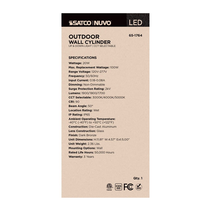 SATCO/NUVO 20W 2-Light Medium LED Wall Sconce CCT Selectable 3000K/4000K/5000K 90 CRI Non-Dimmable 120-277V Up And Down Installation Dark Bronze (65-1764)