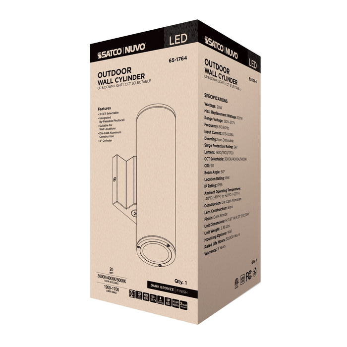 SATCO/NUVO 20W 2-Light Medium LED Wall Sconce CCT Selectable 3000K/4000K/5000K 90 CRI Non-Dimmable 120-277V Up And Down Installation Dark Bronze (65-1764)