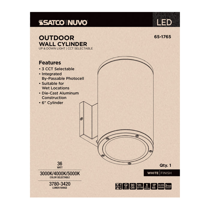 SATCO/NUVO 36W 2-Light Large LED Wall Sconce CCT Selectable 3000K/4000K/5000K 90 CRI Non-Dimmable 120-277V Up And Down Installation White (65-1765)