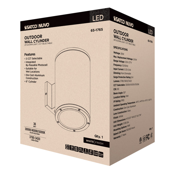 SATCO/NUVO 36W 2-Light Large LED Wall Sconce CCT Selectable 3000K/4000K/5000K 90 CRI Non-Dimmable 120-277V Up And Down Installation White (65-1765)