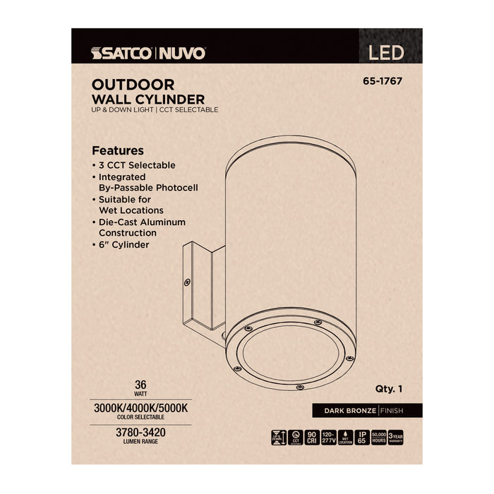 SATCO/NUVO 36W 2-Light Large LED Wall Sconce CCT Selectable 3000K/4000K/5000K 90 CRI Non-Dimmable 120-277V Up And Down Installation Dark Bronze (65-1767)