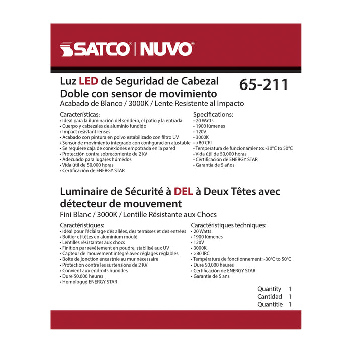 SATCO/NUVO LED Security Light Dual Head White Finish 3000K Motion Sensor (65-211)