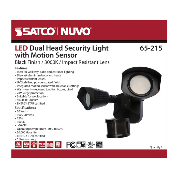 SATCO/NUVO LED Security Light Dual Head Black Finish 3000K Motion Sensor (65-215)