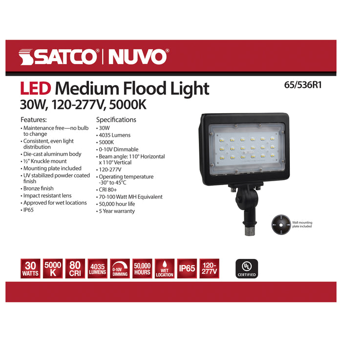 SATCO/NUVO LED Medium Flood Light 30W 5000K 3432Lm 120V 80 CRI Bronze Dimmable (65-536R1)
