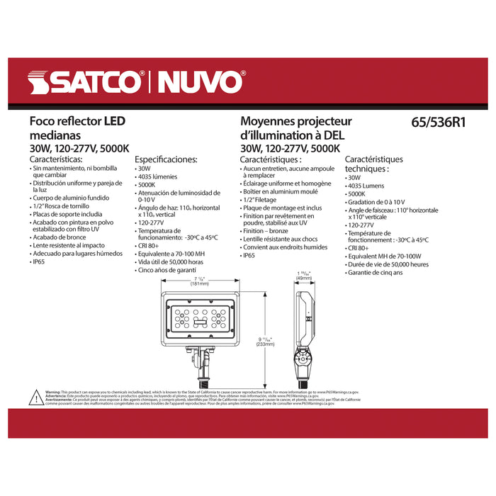 SATCO/NUVO LED Medium Flood Light 30W 5000K 3432Lm 120V 80 CRI Bronze Dimmable (65-536R1)