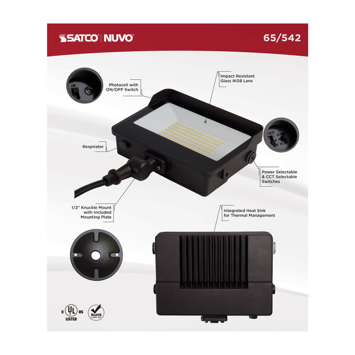 SATCO/NUVO LED Tempered Glass Flood Light With Bypassable Photocell Wattage/CCT Selectable 45W/60W/80W 3000K/4000K/5000K Colorquick/Powerquick Technology Bronze(65-542)