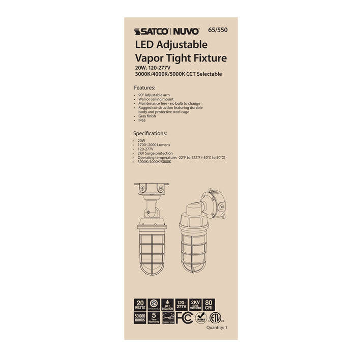 SATCO/NUVO LED Adjustable Vapor Tight Fixture 20W CCT Selectable 3000K/4000K/5000K Gray Finish (65-550)