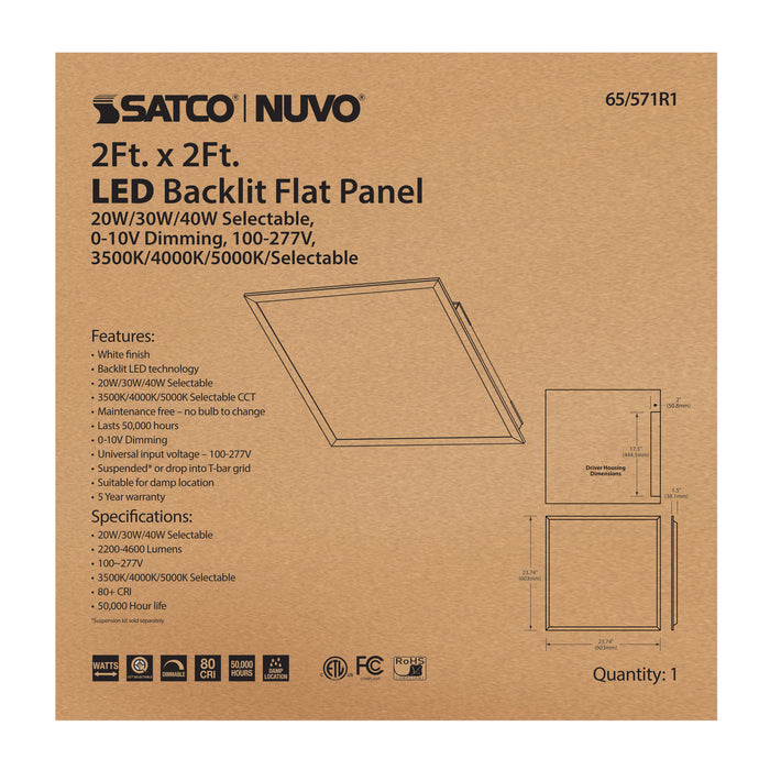 SATCO/NUVO LED 2X2 Backlit Flat Panel Wattage/CCT Selectable 20W/30W/40W 3500K/4000K/5000K 100-277V 0-10V Dimming 80 CRI (65-571R1)