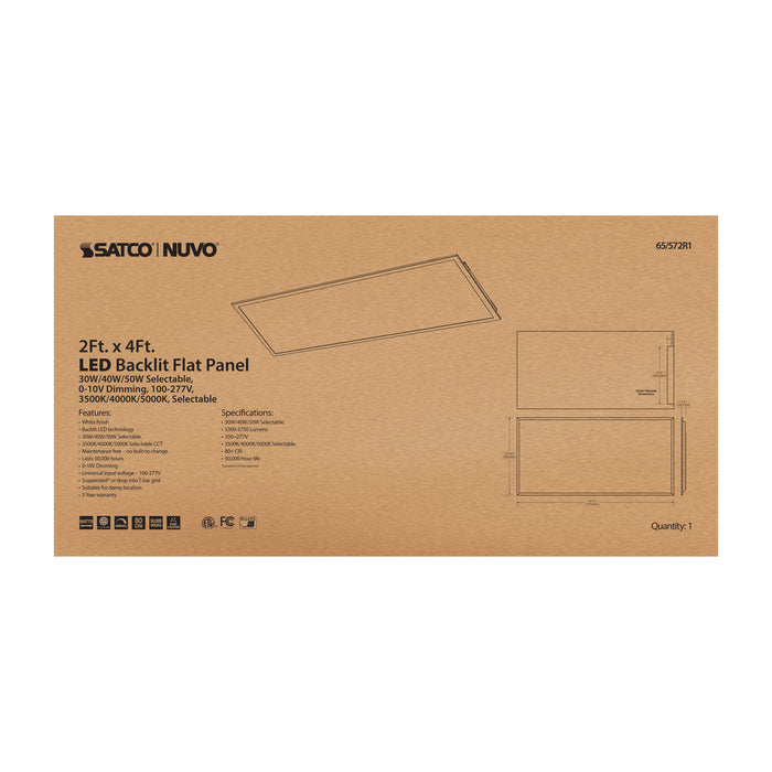 SATCO/NUVO LED 2X4 Backlit Flat Panel Wattage/CCT Selectable 20W/30W/40W 3500K/4000K/5000K 100-277V 0-10V Dimming 80 CRI (65-572R1)