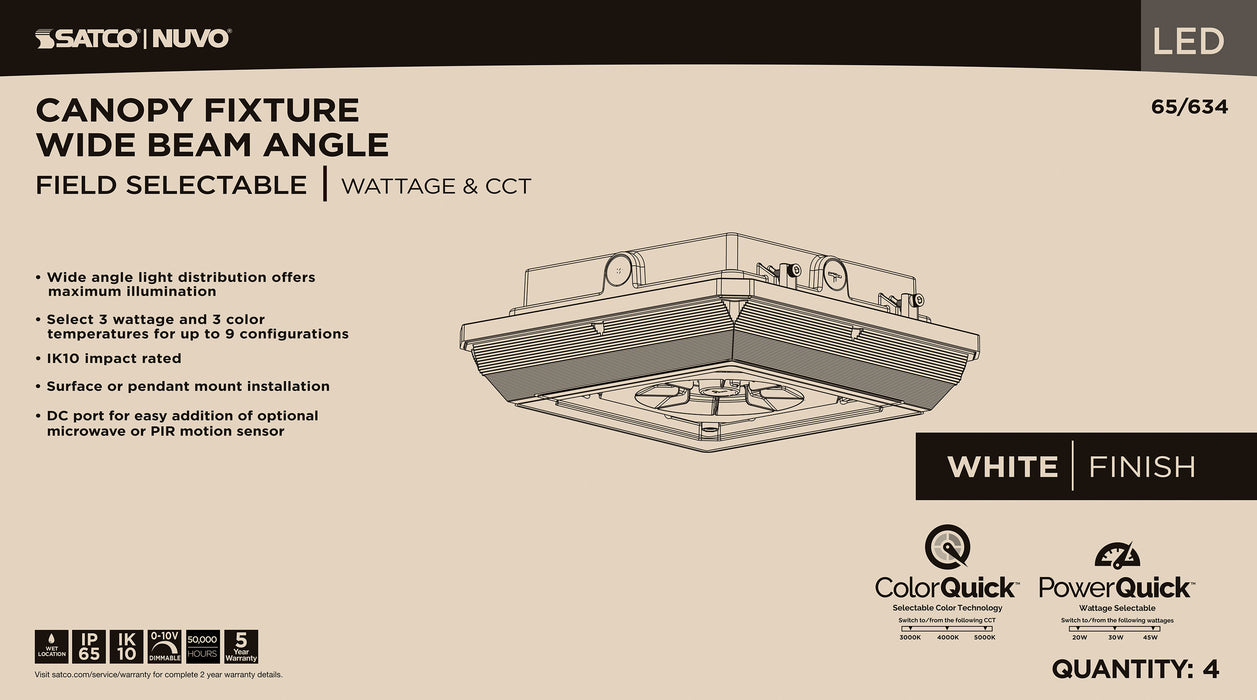 SATCO/NUVO LED Wide Beam Angle Canopy Square Wattage/CCT Selectable 20W/30W/45W 3000K/4000K/5000K 120-277V 80 CRI 0-10V Dimming White (65-634)