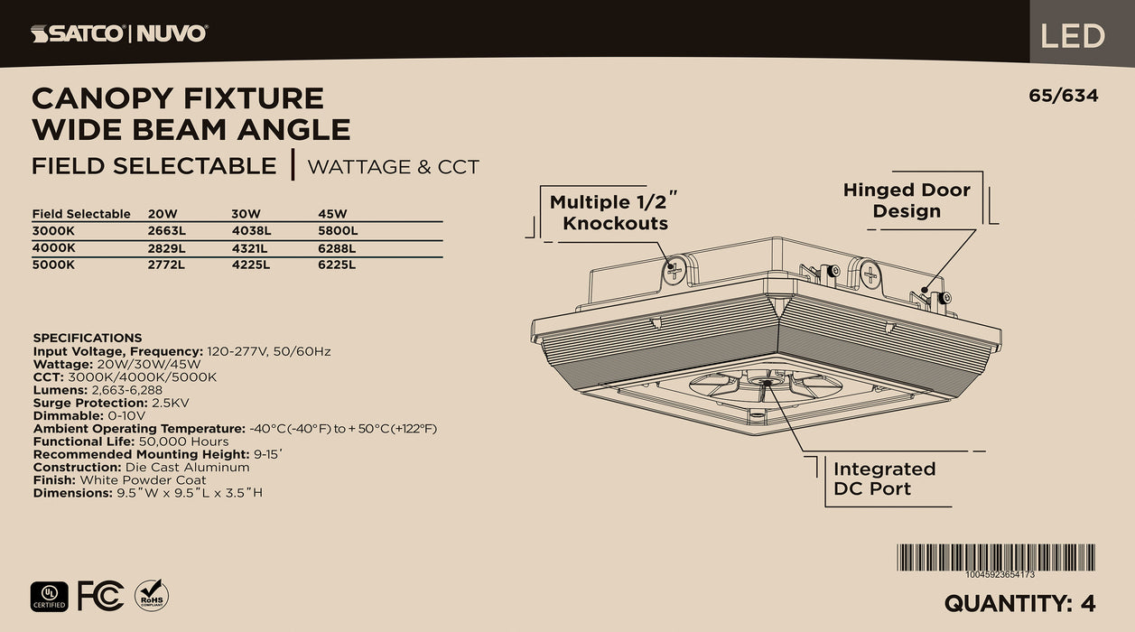 SATCO/NUVO LED Wide Beam Angle Canopy Square Wattage/CCT Selectable 20W/30W/45W 3000K/4000K/5000K 120-277V 80 CRI 0-10V Dimming White (65-634)