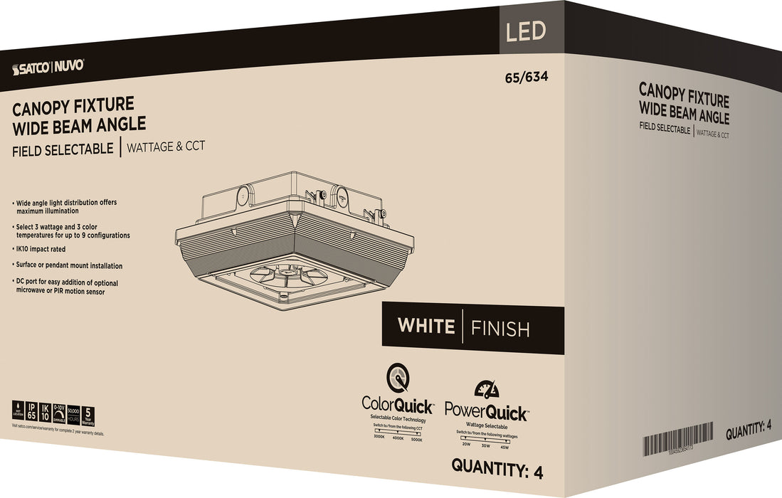 SATCO/NUVO LED Wide Beam Angle Canopy Square Wattage/CCT Selectable 20W/30W/45W 3000K/4000K/5000K 120-277V 80 CRI 0-10V Dimming White (65-634)