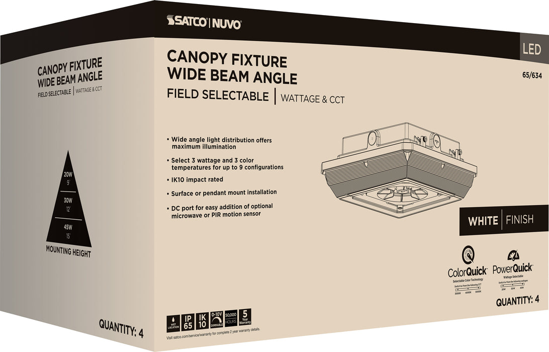 SATCO/NUVO LED Wide Beam Angle Canopy Square Wattage/CCT Selectable 20W/30W/45W 3000K/4000K/5000K 120-277V 80 CRI 0-10V Dimming White (65-634)