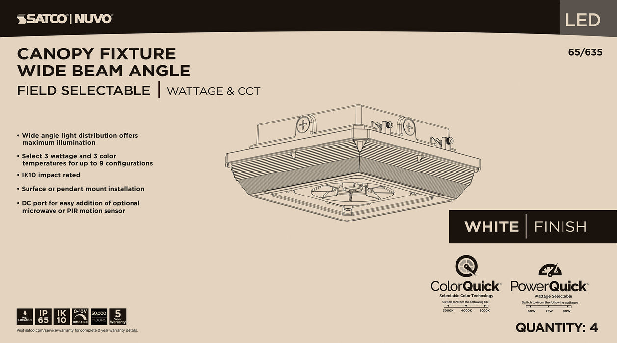 SATCO/NUVO LED Wide Beam Angle Canopy Square Wattage/CCT Selectable 60W/75W/90W 3000K/4000K/5000K 120-277V 80 CRI 0-10V Dimming White (65-635)