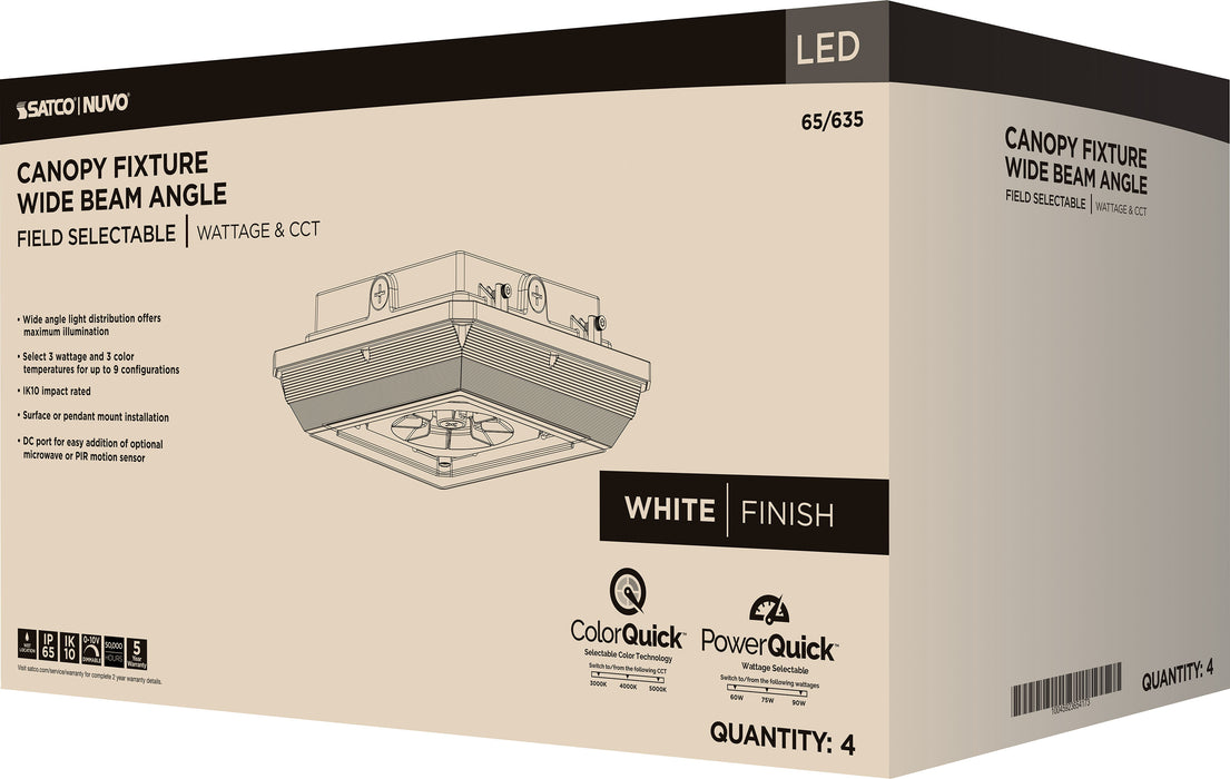 SATCO/NUVO LED Wide Beam Angle Canopy Square Wattage/CCT Selectable 60W/75W/90W 3000K/4000K/5000K 120-277V 80 CRI 0-10V Dimming White (65-635)
