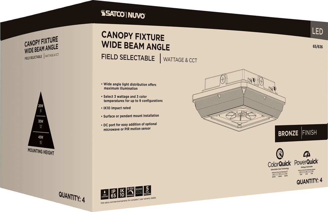 SATCO/NUVO LED Wide Beam Angle Canopy Square Wattage/CCT Selectable 60W/75W/90W 3000K/4000K/5000K 120-277V 80 CRI 0-10V Dimming White (65-635)