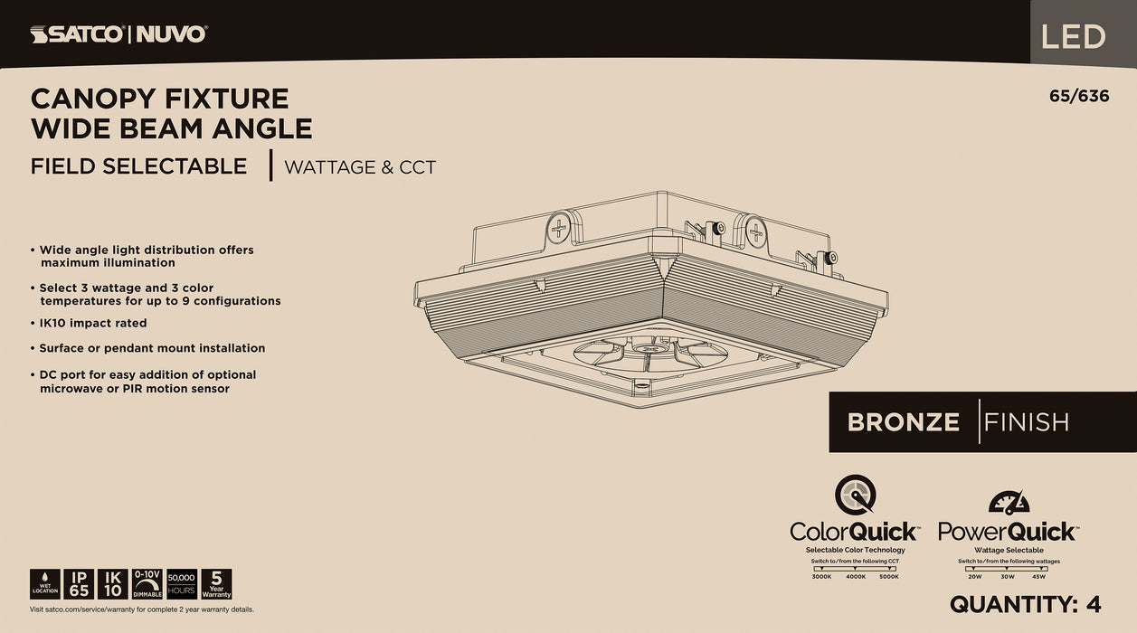 SATCO/NUVO LED Wide Beam Angle Canopy Square Wattage/CCT Selectable 20W/30W/45W 3000K/4000K/5000K 120-277V 80 CRI 0-10V Dimming Black (65-636)