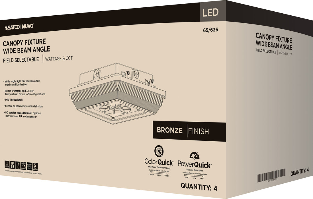SATCO/NUVO LED Wide Beam Angle Canopy Square Wattage/CCT Selectable 20W/30W/45W 3000K/4000K/5000K 120-277V 80 CRI 0-10V Dimming Black (65-636)