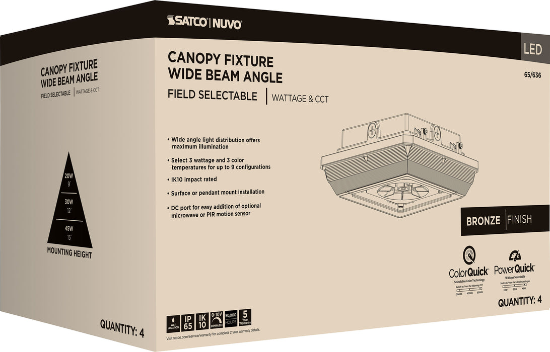 SATCO/NUVO LED Wide Beam Angle Canopy Square Wattage/CCT Selectable 20W/30W/45W 3000K/4000K/5000K 120-277V 80 CRI 0-10V Dimming Black (65-636)