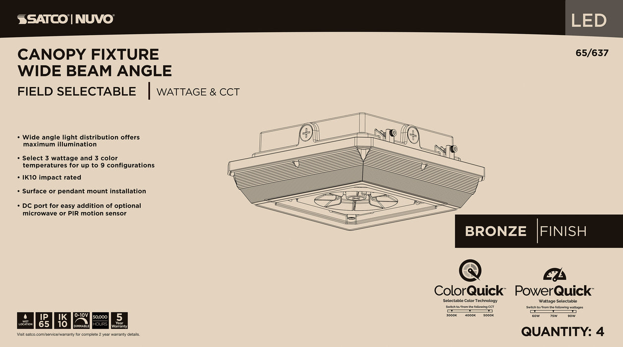 SATCO/NUVO LED Wide Beam Angle Canopy Square Wattage/CCT Selectable 60W/75W/90W 3000K/4000K/5000K 120-277V 80 CRI 0-10V Dimming Black (65-637)