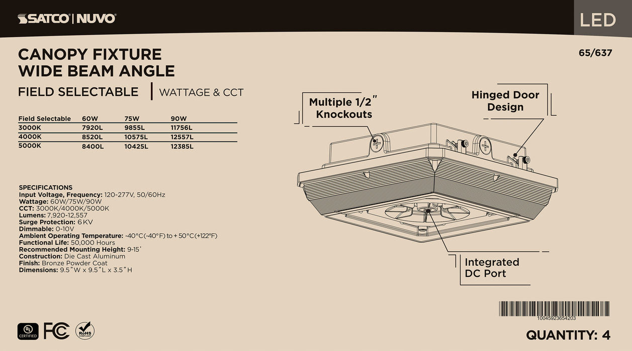 SATCO/NUVO LED Wide Beam Angle Canopy Square Wattage/CCT Selectable 60W/75W/90W 3000K/4000K/5000K 120-277V 80 CRI 0-10V Dimming Black (65-637)