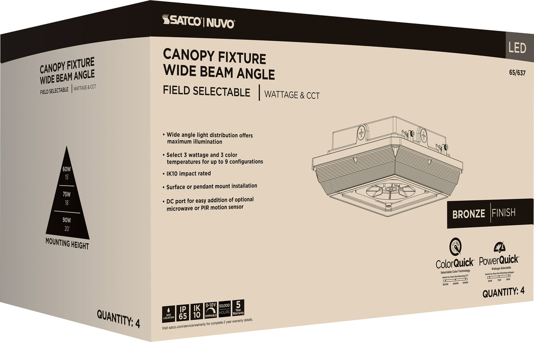 SATCO/NUVO LED Wide Beam Angle Canopy Square Wattage/CCT Selectable 60W/75W/90W 3000K/4000K/5000K 120-277V 80 CRI 0-10V Dimming Black (65-637)