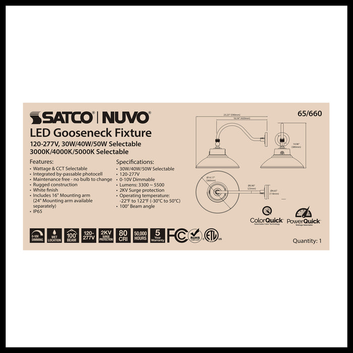 SATCO/NUVO LED Gooseneck 30W/40W/50W CCT Selectable 3000K/4000K/5000K White 120-277V With Photocell (65-660)