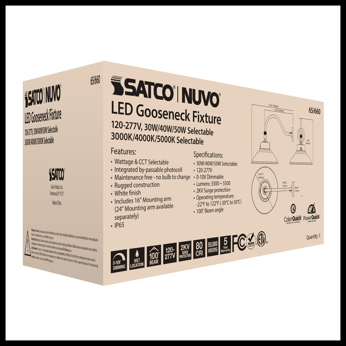 SATCO/NUVO LED Gooseneck 30W/40W/50W CCT Selectable 3000K/4000K/5000K White 120-277V With Photocell (65-660)