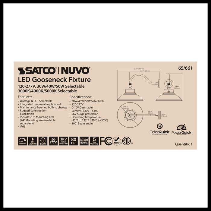 SATCO/NUVO LED Gooseneck 30W/40W/50W CCT Selectable 3000K/4000K/5000K Black 120-277V With Photocell (65-661)