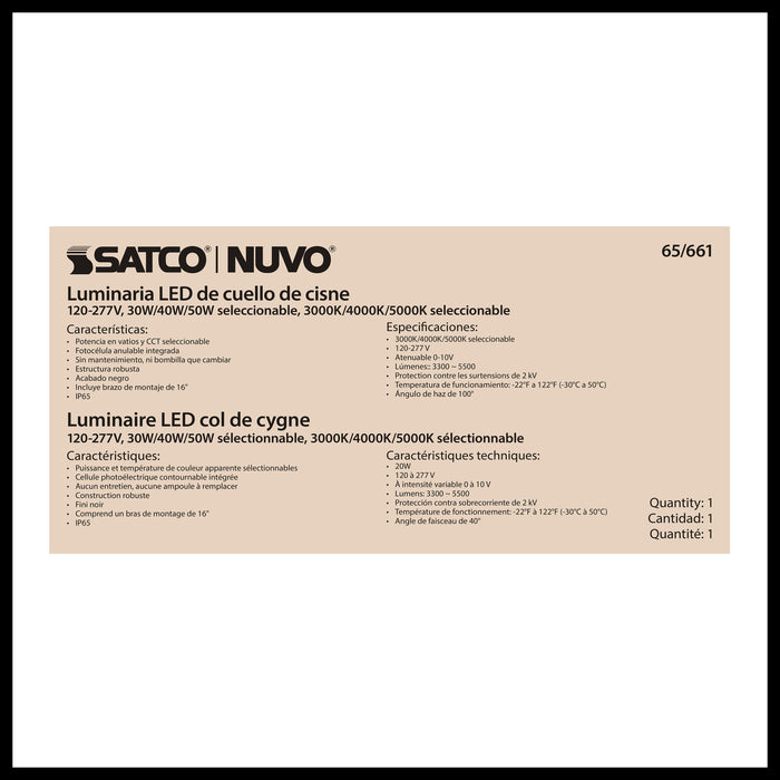 SATCO/NUVO LED Gooseneck 30W/40W/50W CCT Selectable 3000K/4000K/5000K Black 120-277V With Photocell (65-661)