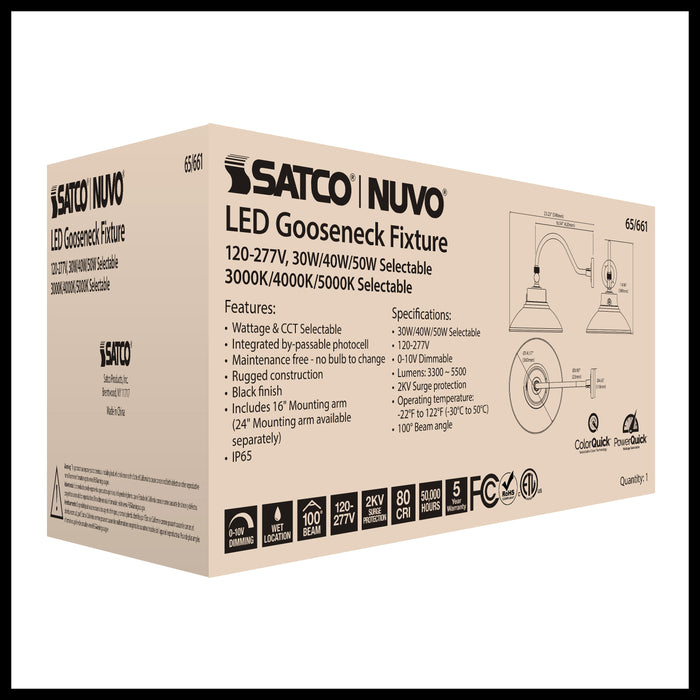 SATCO/NUVO LED Gooseneck 30W/40W/50W CCT Selectable 3000K/4000K/5000K Black 120-277V With Photocell (65-661)
