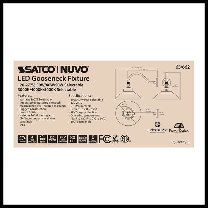 SATCO/NUVO LED Gooseneck 30W/40W/50W CCT Selectable 3000K/4000K/5000K Bronze 120-277V With Photocell (65-662)