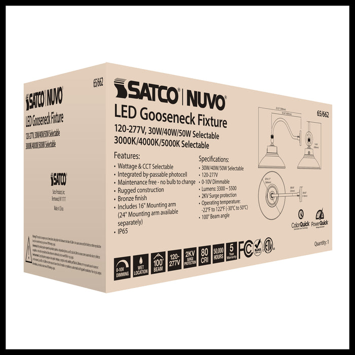 SATCO/NUVO LED Gooseneck 30W/40W/50W CCT Selectable 3000K/4000K/5000K Bronze 120-277V With Photocell (65-662)