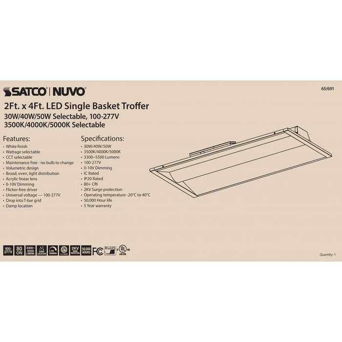 SATCO/NUVO ColorQuick 2X4 Single Basket LED Troffer Fixture Wattage CCT Lumens Selectable 30W/40W/50W 3500K/4000K/5000K 100-277V White (65-691)