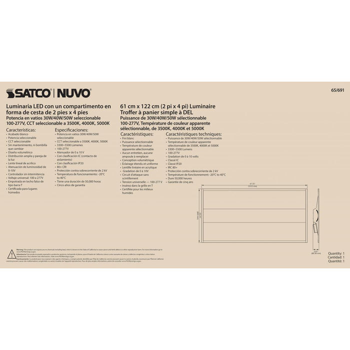 SATCO/NUVO ColorQuick 2X4 Single Basket LED Troffer Fixture Wattage CCT Lumens Selectable 30W/40W/50W 3500K/4000K/5000K 100-277V White (65-691)