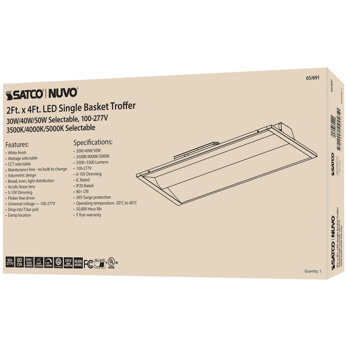 SATCO/NUVO ColorQuick 2X4 Single Basket LED Troffer Fixture Wattage CCT Lumens Selectable 30W/40W/50W 3500K/4000K/5000K 100-277V White (65-691)