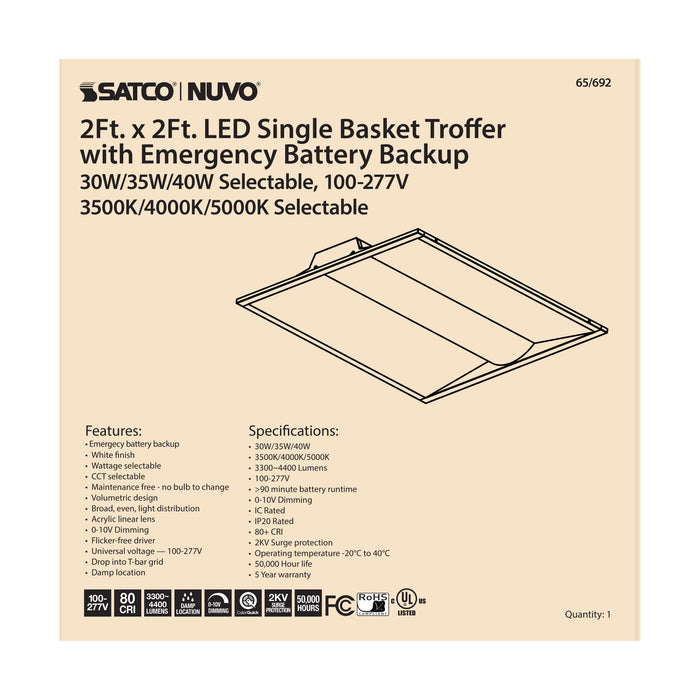 SATCO/NUVO 2X2 Emergency Backup Single Basket LED Troffer Wattage/CCT Selectable 30W/35W/40W 3500K/4000K/5000K 100-277V 0-10V Dimming White (65-692)