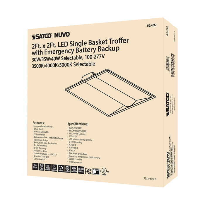 SATCO/NUVO 2X2 Emergency Backup Single Basket LED Troffer Wattage/CCT Selectable 30W/35W/40W 3500K/4000K/5000K 100-277V 0-10V Dimming White (65-692)