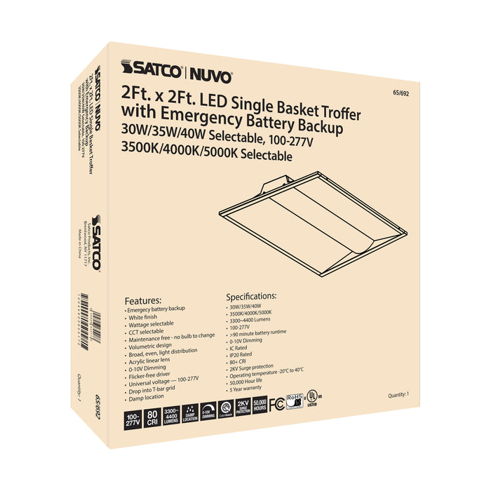 SATCO/NUVO 2X2 Emergency Backup Single Basket LED Troffer Wattage/CCT Selectable 30W/35W/40W 3500K/4000K/5000K 100-277V 0-10V Dimming White (65-692)