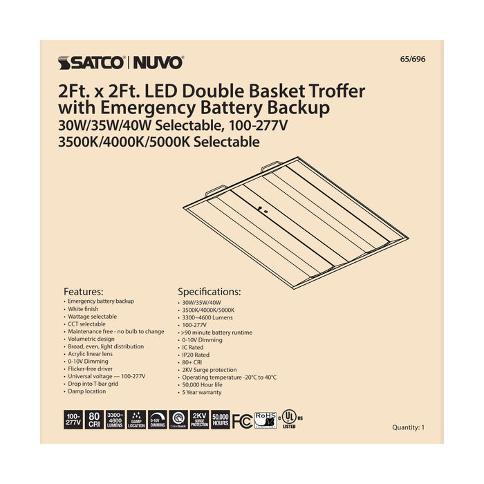 SATCO/NUVO 2X2 Emergency Backup Double Basket LED Troffer Wattage/CCT Selectable 30W/35W/40W 3500K/4000K/5000K 100-277V 0-10V Dimming White (65-696)