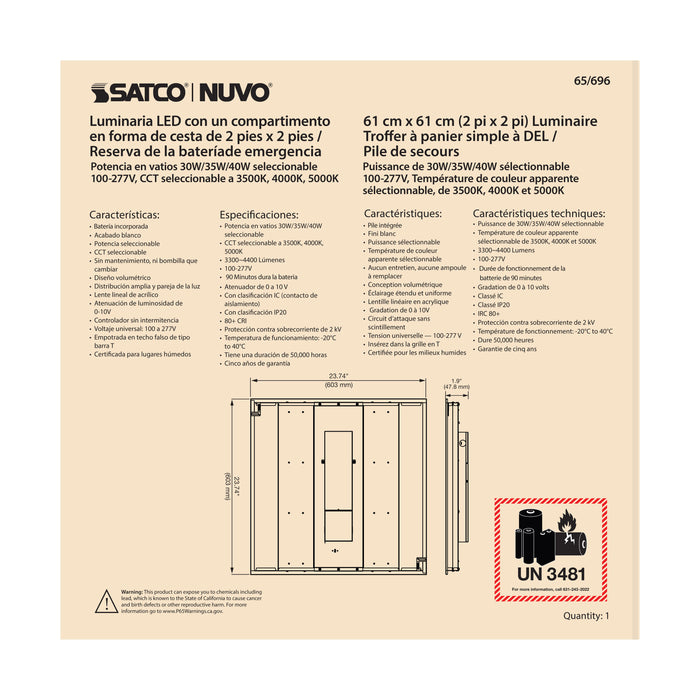 SATCO/NUVO 2X2 Emergency Backup Double Basket LED Troffer Wattage/CCT Selectable 30W/35W/40W 3500K/4000K/5000K 100-277V 0-10V Dimming White (65-696)