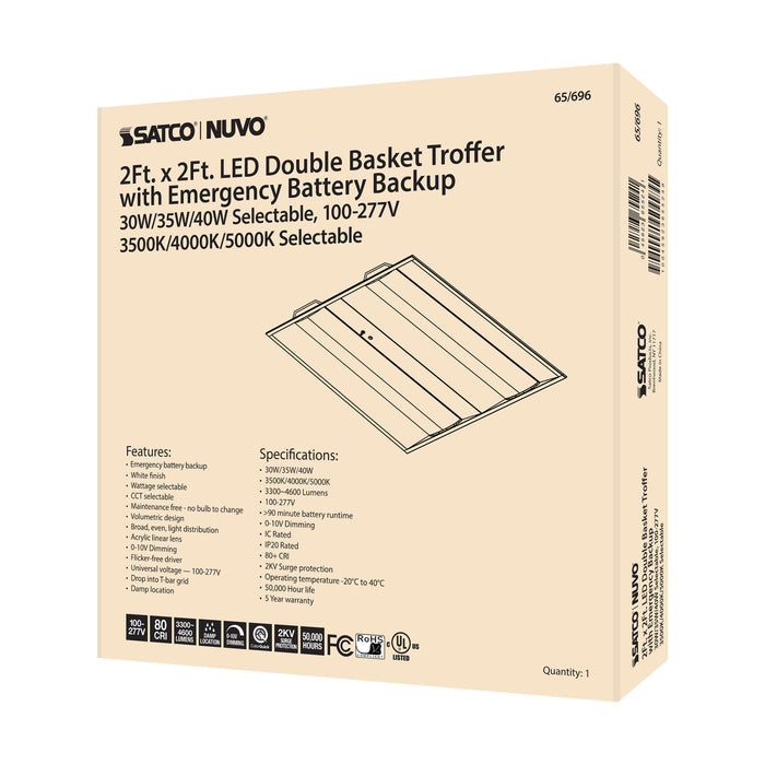 SATCO/NUVO 2X2 Emergency Backup Double Basket LED Troffer Wattage/CCT Selectable 30W/35W/40W 3500K/4000K/5000K 100-277V 0-10V Dimming White (65-696)