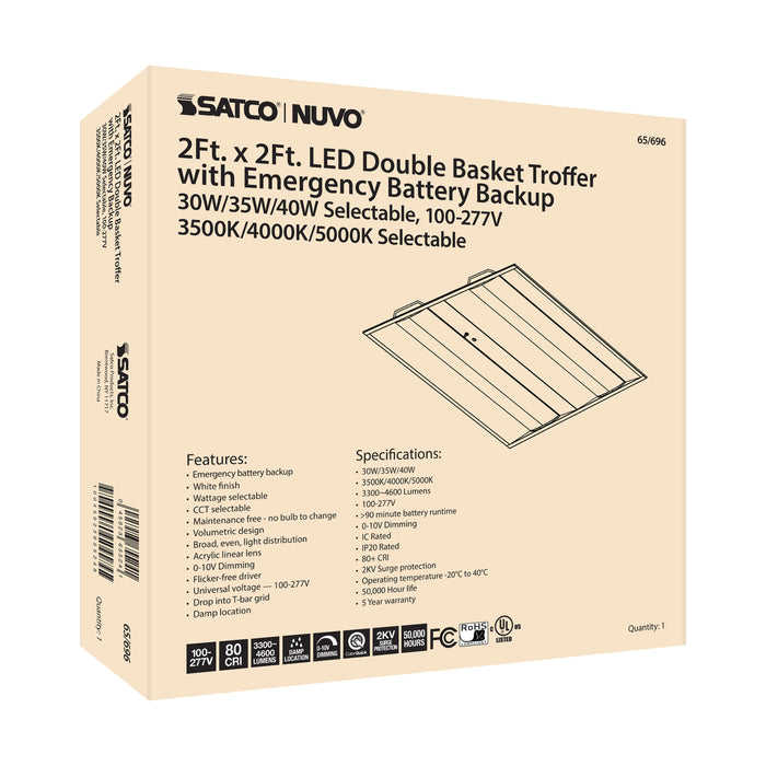 SATCO/NUVO 2X2 Emergency Backup Double Basket LED Troffer Wattage/CCT Selectable 30W/35W/40W 3500K/4000K/5000K 100-277V 0-10V Dimming White (65-696)