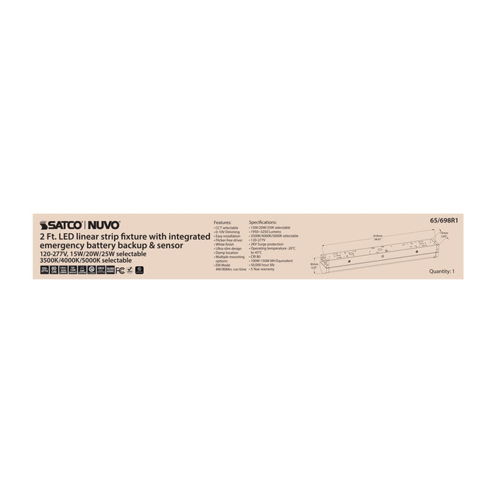 SATCO/NUVO LED 2 Foot Linear Strip Light Wattage/CCT Selectable 15W/20W/25W 3500K/4000K/5000K White Finish 120-277V Integrated Emergency Battery Backup And Sensor (65-698R1)