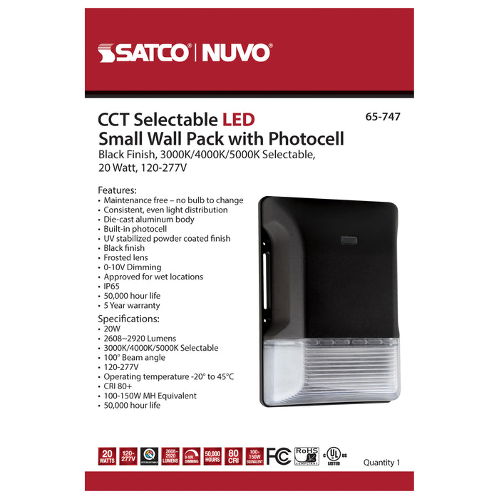 SATCO/NUVO LED Small Wall Pack 20W CCT Selectable 3000K/4000K/5000K Black Finish 100-277V (65-747)