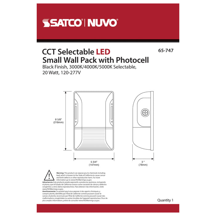 SATCO/NUVO LED Small Wall Pack 20W CCT Selectable 3000K/4000K/5000K Black Finish 100-277V (65-747)