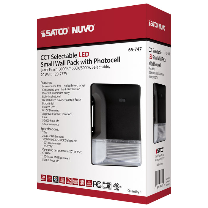 SATCO/NUVO LED Small Wall Pack 20W CCT Selectable 3000K/4000K/5000K Black Finish 100-277V (65-747)