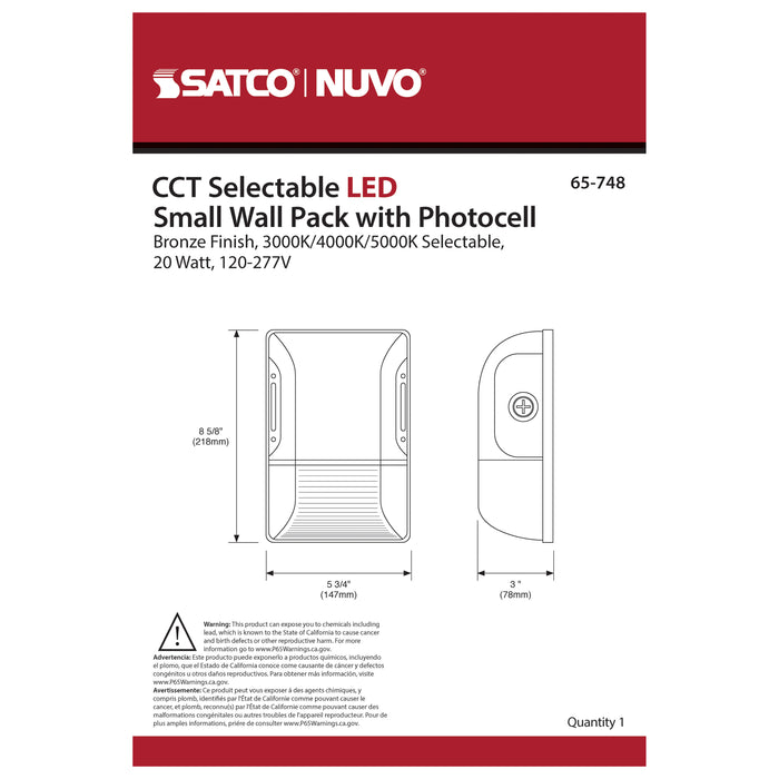 SATCO/NUVO LED Small Wall Pack 20W CCT Selectable 3000K/4000K/5000K Bronze Finish 100-277V (65-748)